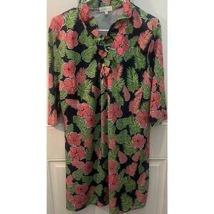 Simply Southern tropical hibiscus Summer Dress XL Preppy Pink Green